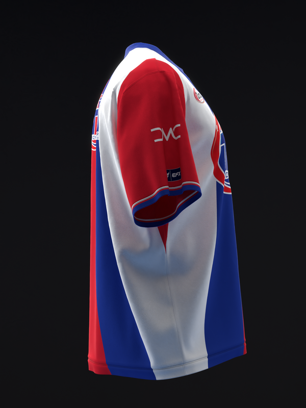 Bowling jersey with red, white, and blue vertical stripes, side view