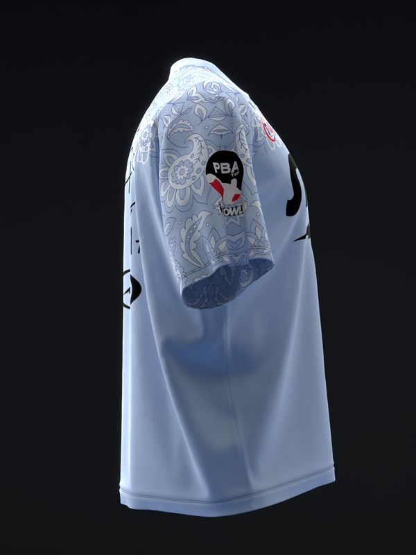 White bowling jersey with paisley pattern sleeves and PBA graphic on side view
