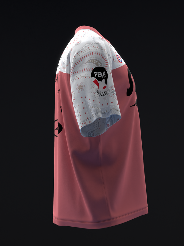 Burgundy and white bowling jersey with paisley design detail on shoulder