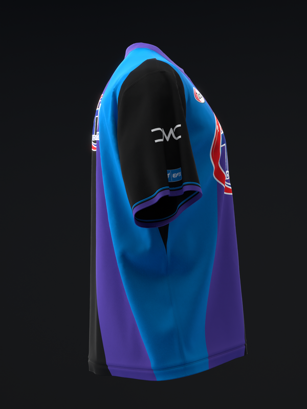 Bright blue and purple bowling jersey with retro stripe design, front view