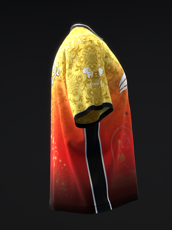 Yellow and red ombre bowling jersey with ornate damask pattern and graphic design