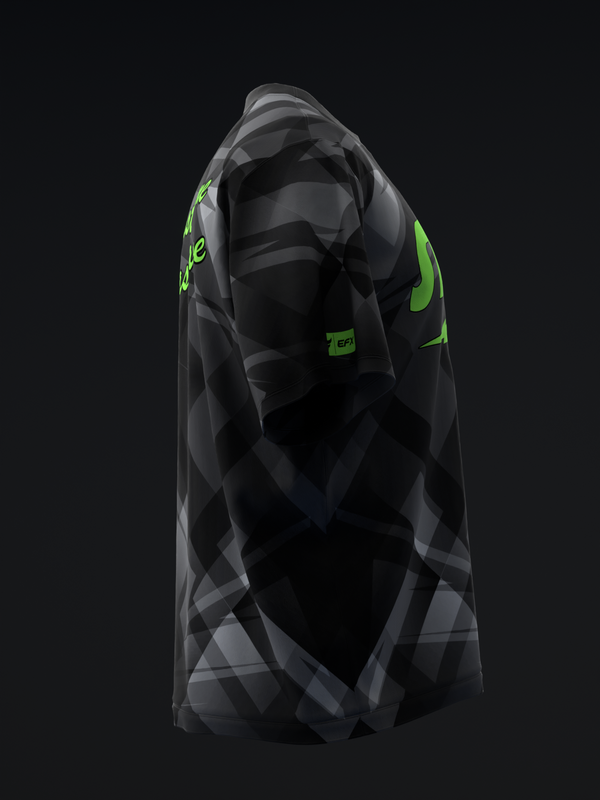 Black bowling jersey with gray plaid pattern and neon green accents, side view