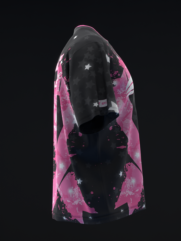 Black and pink bowling jersey with splatter pattern and star graphics, back view