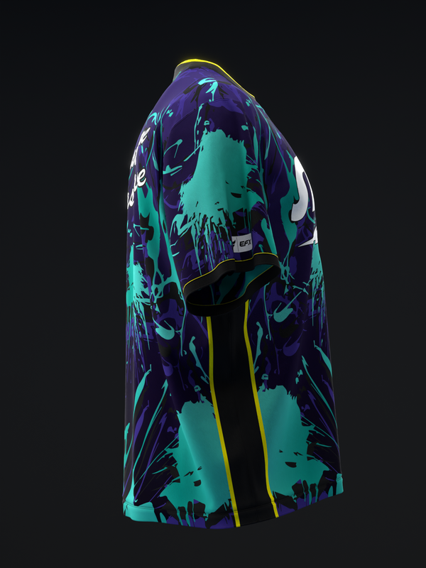Purple bowling jersey with turquoise splatter pattern and yellow stripe detail