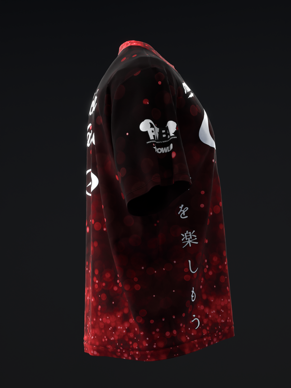Black bowling jersey with red bokeh pattern and white graphic design, front view