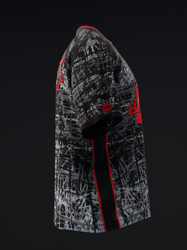 Black and gray abstract bowling jersey with red side panels and accents