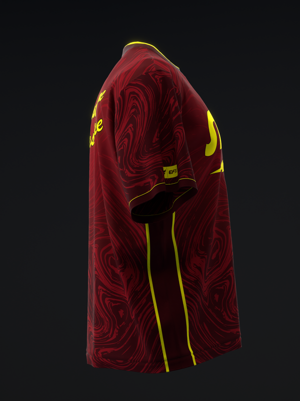 Burgundy bowling jersey with swirled pattern and yellow accents, side view