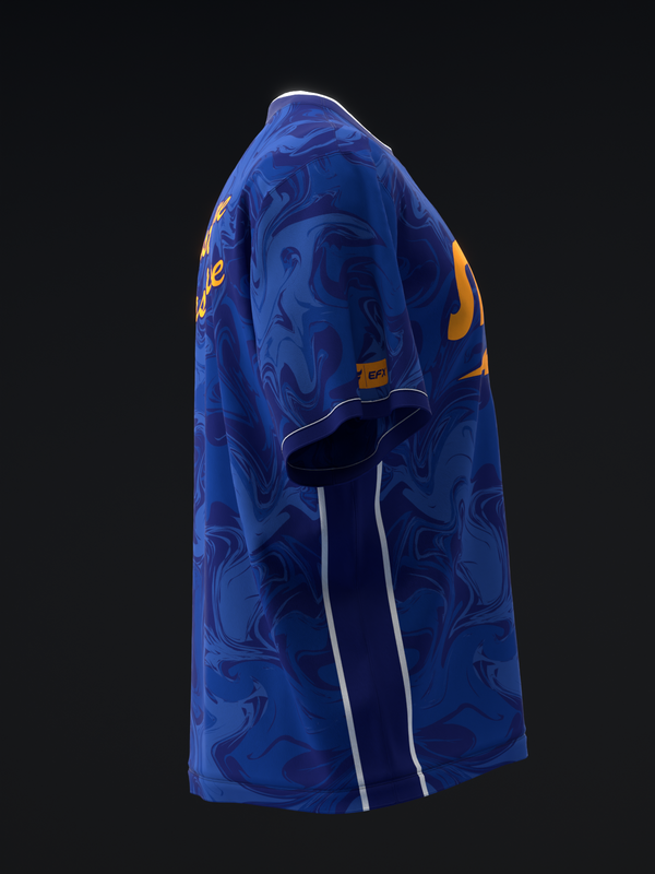 Blue bowling jersey with abstract swirl pattern and orange accents, side view