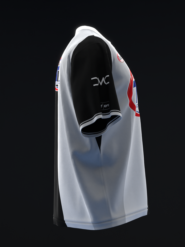 White bowling jersey with red and blue retro stripes on sleeves, front view