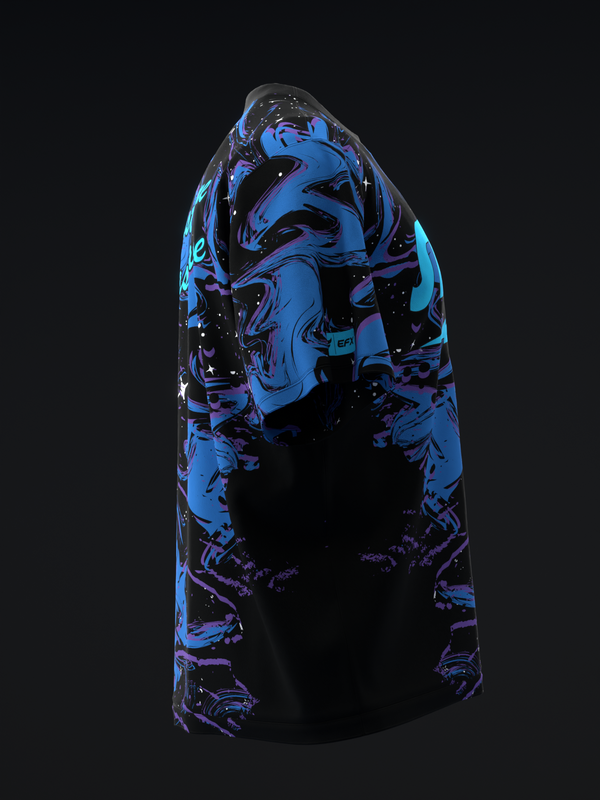 Blue and black bowling jersey with abstract swirled graphic design, front view