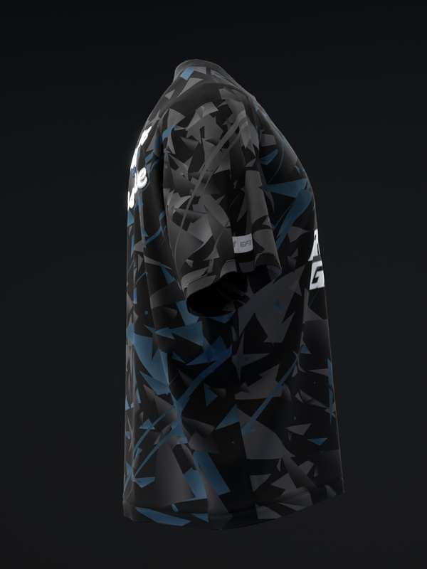 Black bowling jersey with blue and gray geometric abstract pattern, side view