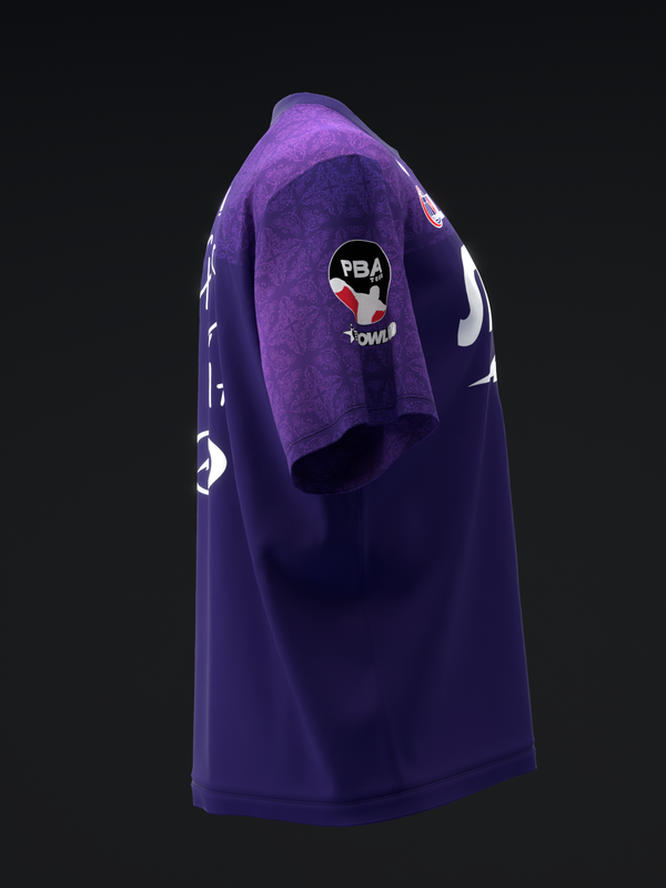 Purple bowling jersey with PBA logo and white graphic design on side view