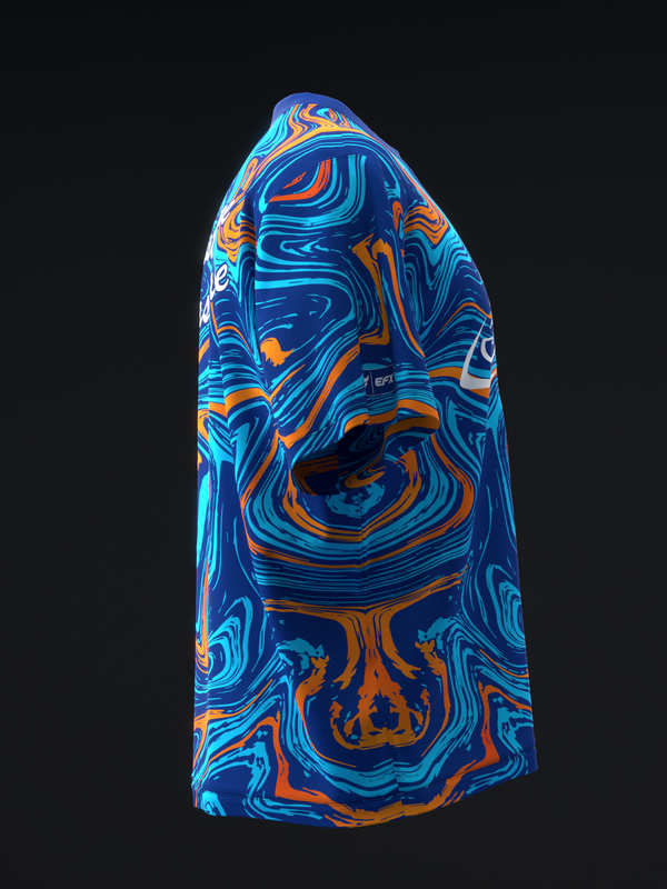 Blue and orange swirled bowling jersey shown from back view
