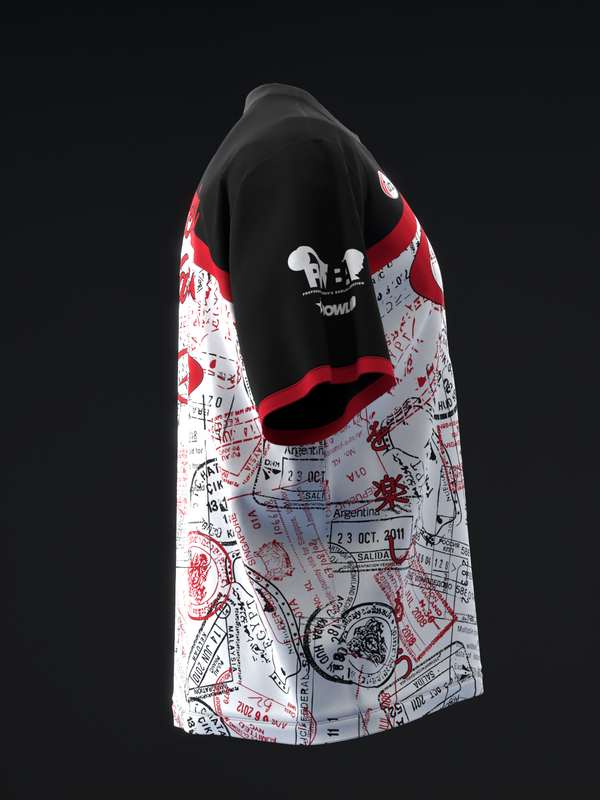 Black and red bowling jersey with white passport stamp graphic pattern, back view