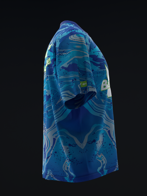 Blue bowling jersey with abstract wave and liquid pattern design, side view