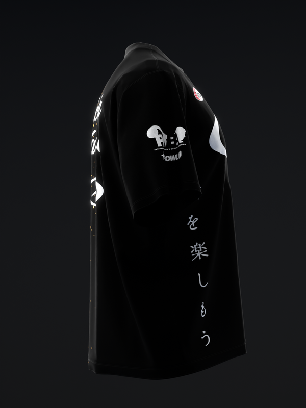 Black bowling jersey with white graphic bowling pins and Japanese characters down the side