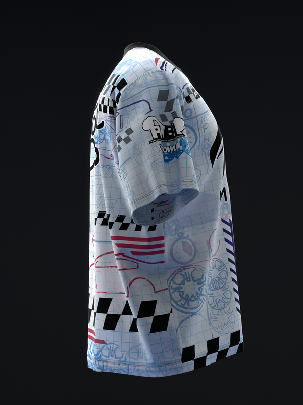 White bowling jersey with black checkered pattern, red stripes, and blue graphic sketches throughout
