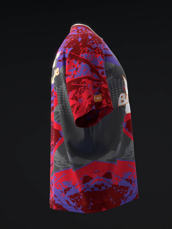 Brunswick bowling jersey with red, purple, and black abstract paint splatter pattern