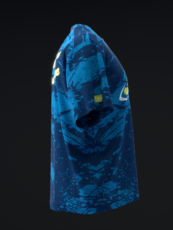 Blue bowling jersey with abstract splatter and geometric design pattern