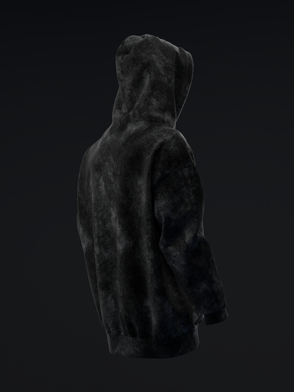 Black distressed pullover hoodie with textured fabric, shown from side view