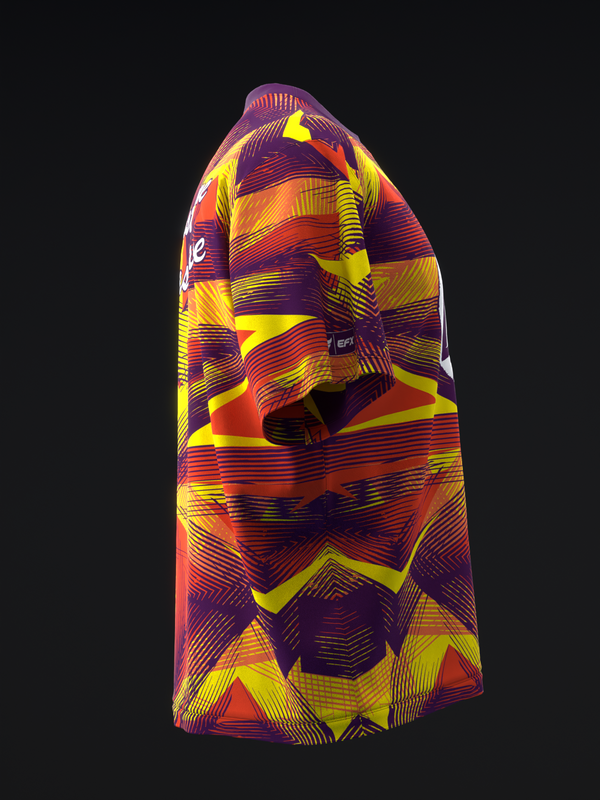 Purple, yellow and orange geometric patterned bowling jersey, front view