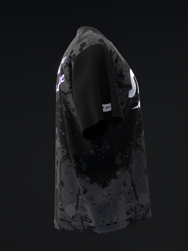 Black bowling jersey with gray splatter pattern and white side accents, front view