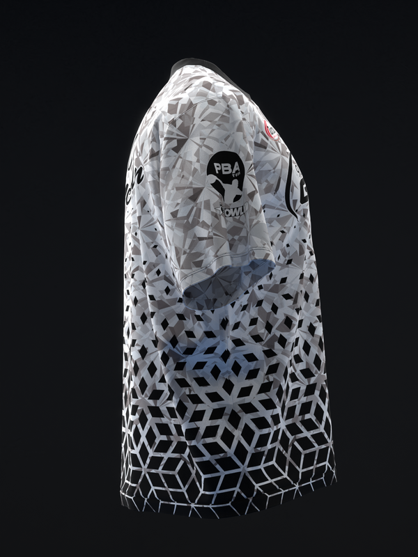 White bowling jersey with geometric cube pattern and PBA logo on back