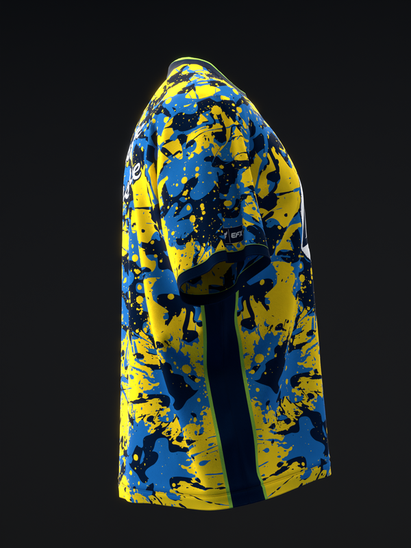 Blue and yellow splatter paint bowling jersey, side view