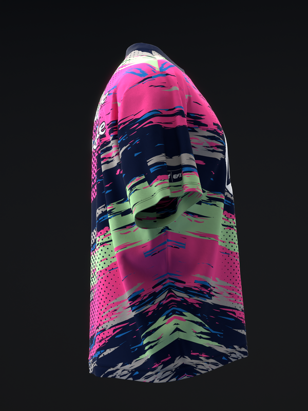 Bowling jersey with bold horizontal stripes in pink, navy, lime green, and white