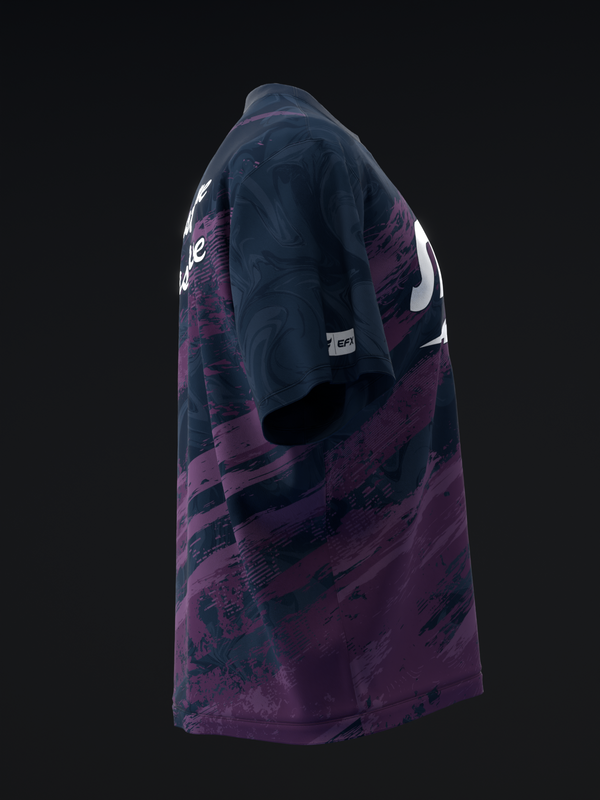 Purple and navy bowling jersey with abstract brushstroke pattern, side view
