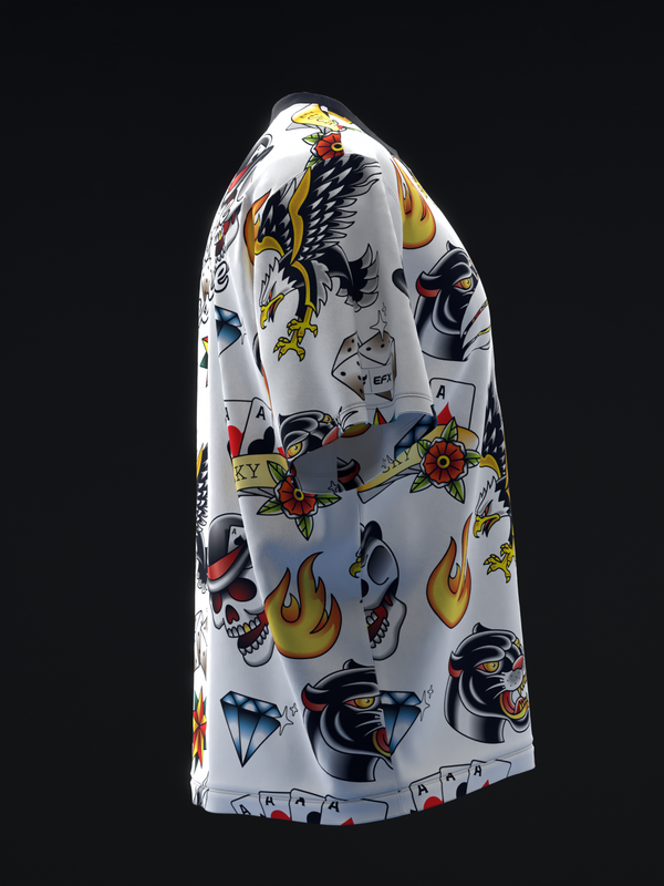 White bowling jersey with traditional tattoo flash design featuring eagles, skulls, and flames