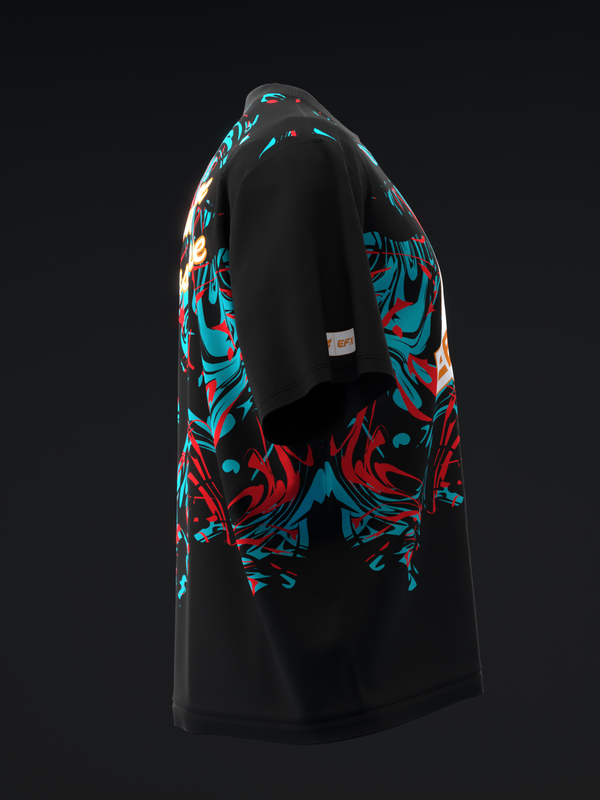 Black bowling jersey with turquoise and red abstract graphic design on sleeves
