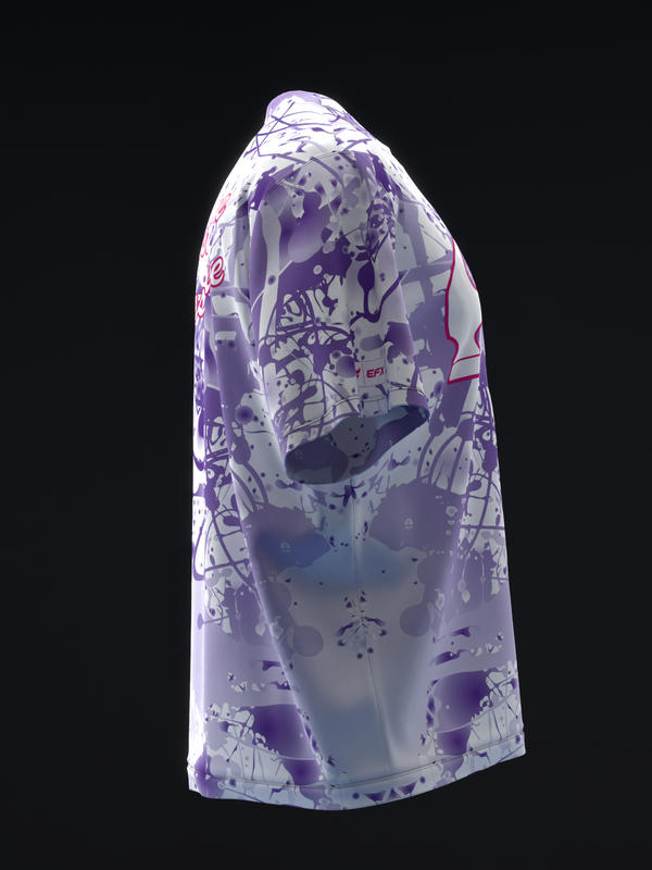 White bowling jersey with purple abstract splatter and geometric pattern design, front view