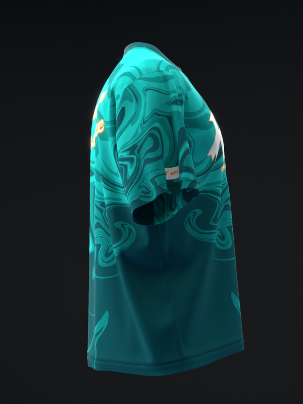 Turquoise bowling jersey with abstract swirl pattern and white accents, side view