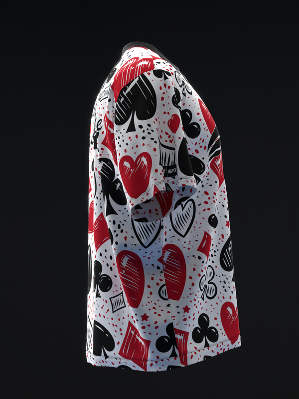 White bowling jersey with red and black playing card suits pattern, front view