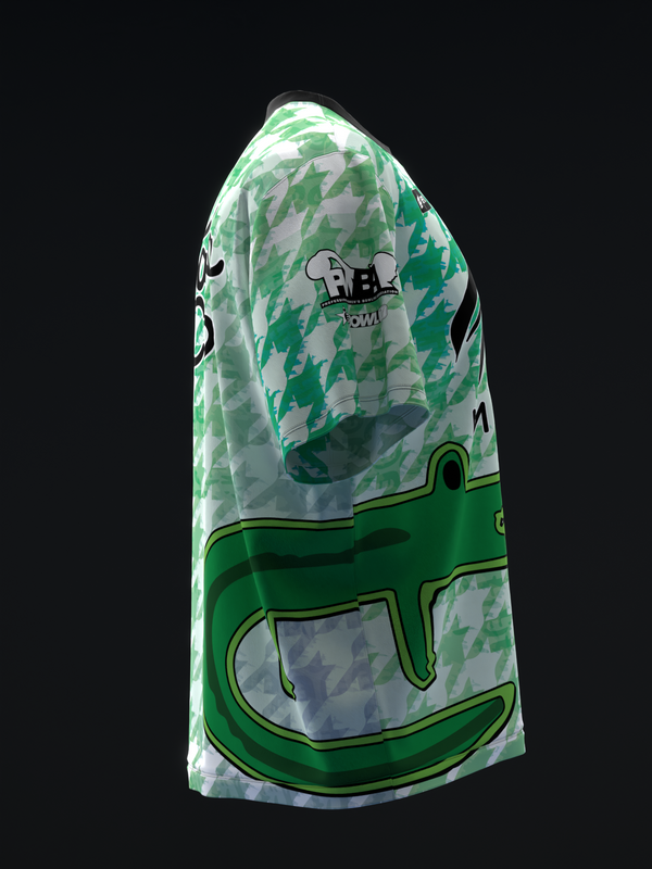 Green and white bowling jersey with crocodile graphic design on front