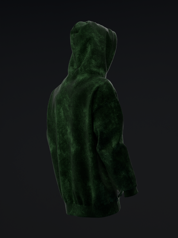 Green pullover hoodie with distressed texture, shown from back view