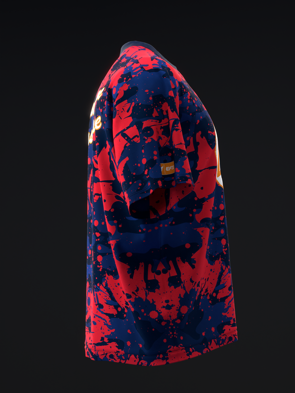 Red and navy bowling jersey with splatter paint pattern, side view