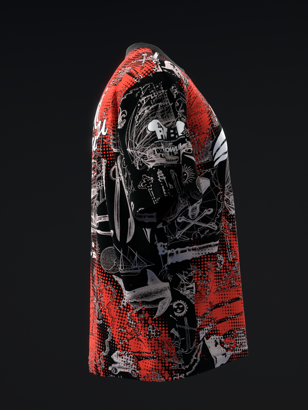 Red bowling jersey with black and white pirate-themed graphic design on front