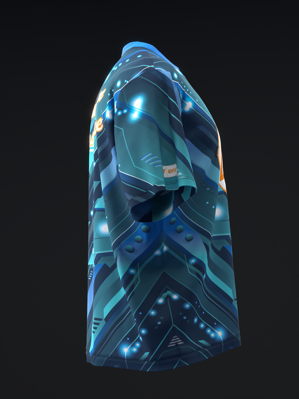 Dark blue bowling jersey with futuristic geometric design and glowing light accents