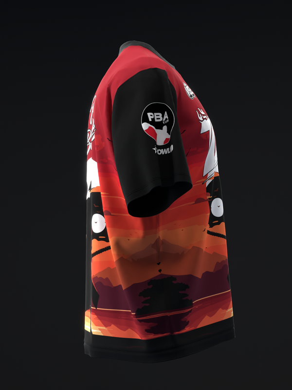 Red bowling jersey with samurai sunset graphic and PBA logo on front