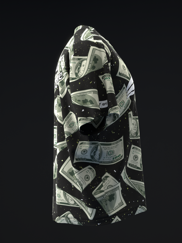Black bowling jersey with dollar bill print and scattered dots, front view