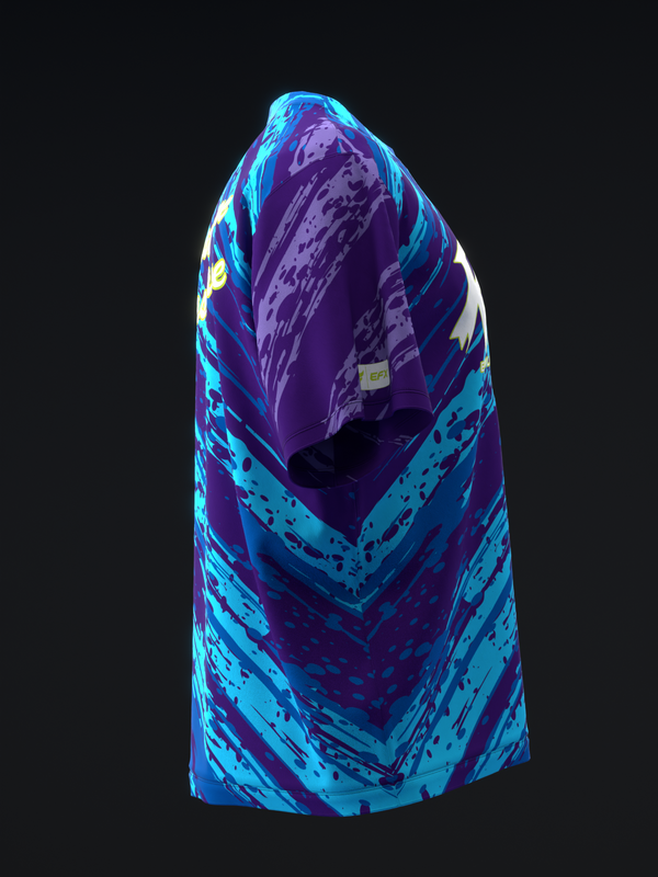 Purple and cyan bowling jersey with distressed grunge pattern, back view