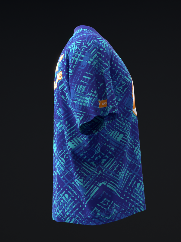 Purple bowling jersey with turquoise geometric pattern, side view