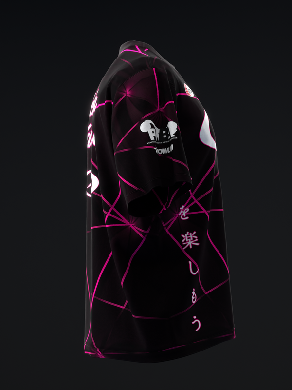 Black bowling jersey with bright pink geometric lines and Japanese characters
