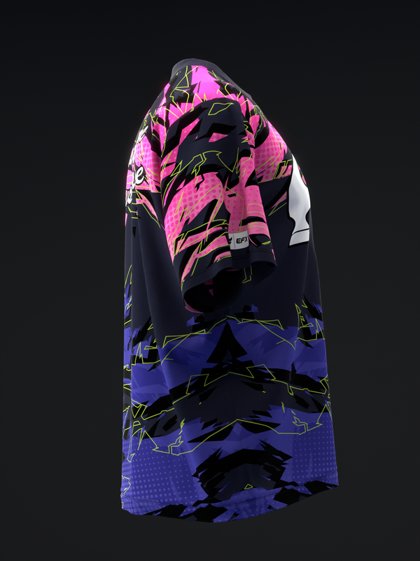 Bowling jersey with pink, blue, and black color blocking and abstract graphic design