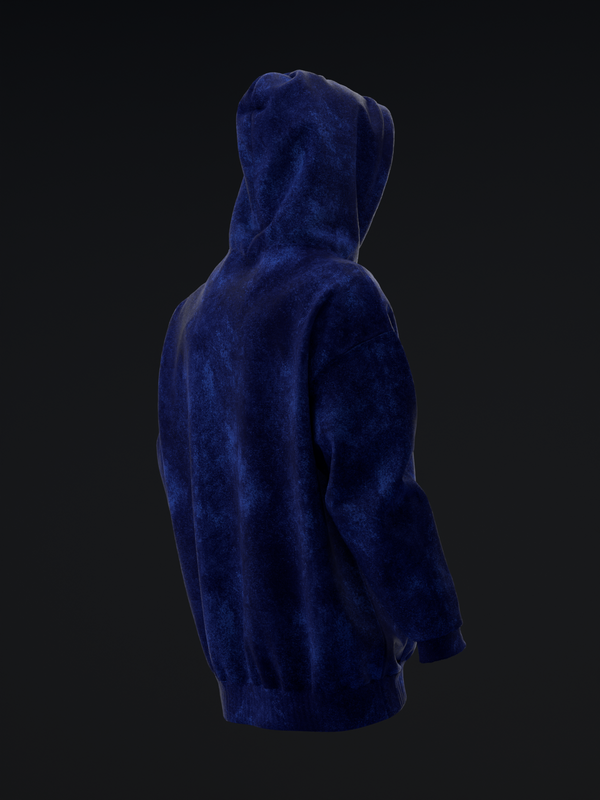 Navy blue velvet pullover hoodie shown from back view with hood