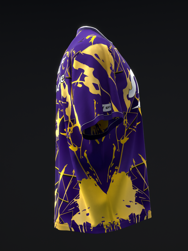 Purple and yellow bowling jersey with abstract splatter and geometric pattern design