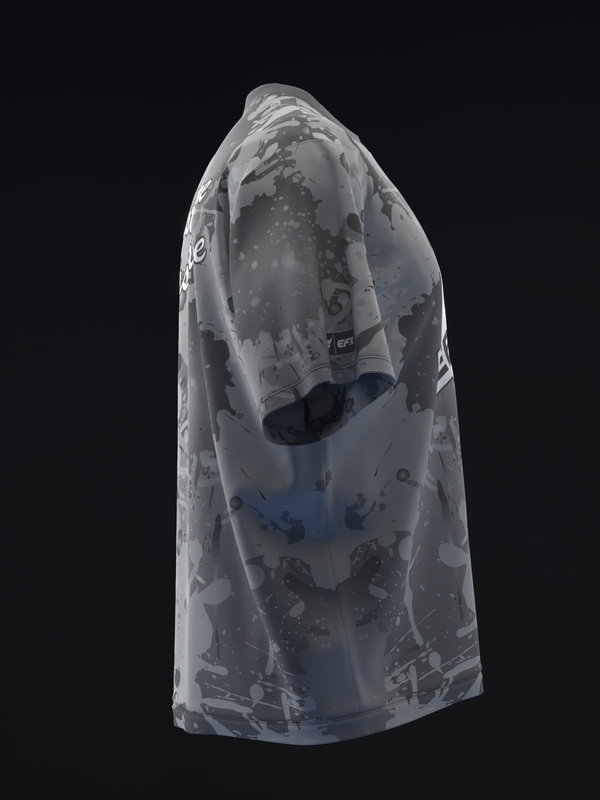 Light gray bowling jersey with dark abstract graphic design, front view