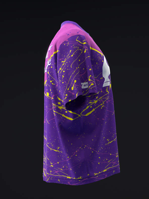 Purple bowling jersey with yellow splatter and constellation pattern design, three-quarter view